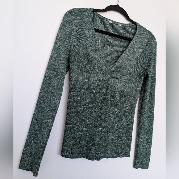 Metallic Green Silver Twist Front V Neck Rib Knit Long Sleeve Stretch Blouse - Picture 7 of 15